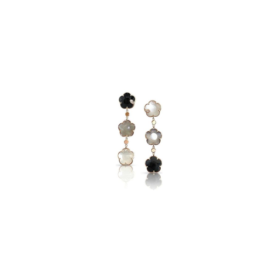 Pasquale Bruni Boucles D'Oreilles Pasquale Bruni Petit Joli Bouquet Lunaire En Or Rose, Pierre De Lune, Onyx Et Diamants