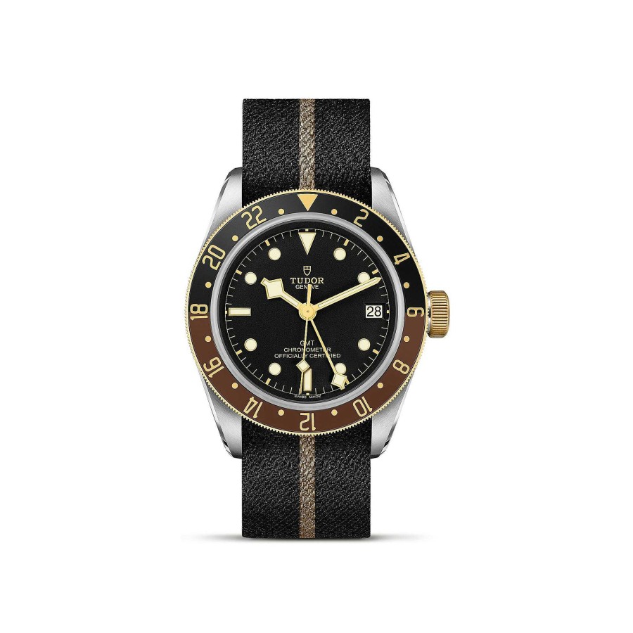 TUDOR Montre Tudor Black Bay Gmt S&G Bo Tier En Acier 41 Mm, Bracelet En Tissu Noir Avec Bande Beige